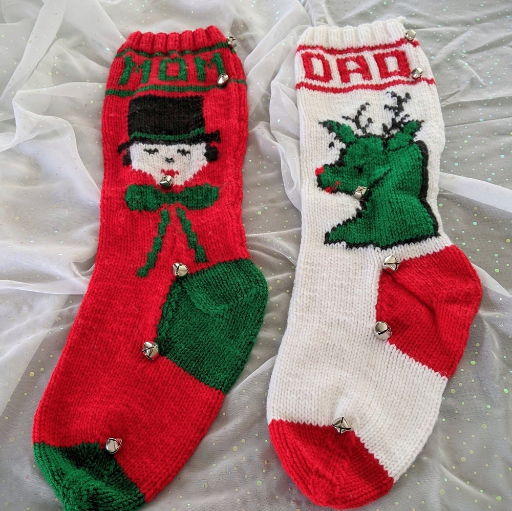 Handknit Mom & Dad Vintage Christmas Stockings Set of 2